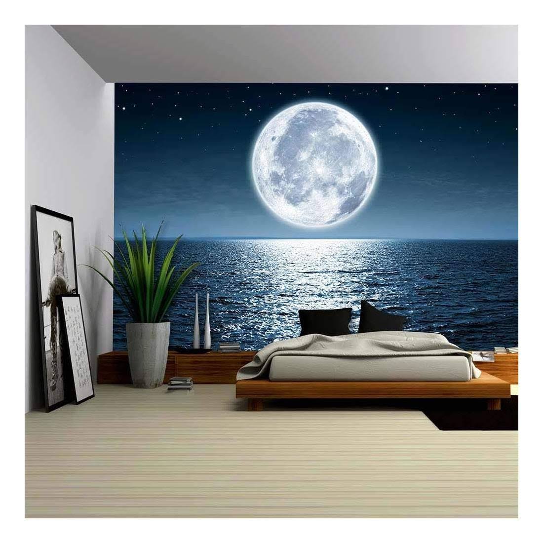 Wall26 - Full Moon Rising Over The Ocean Empty at Night with Copy Space - Removable Wall Mural | Self-Adhesive Large Wallpaper -