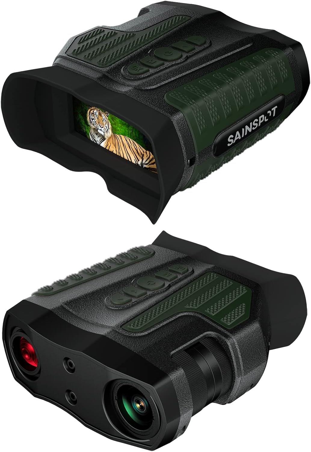 SAINSPOT Digital Infrared Night Vision Binoculars, Variable 1X - 10X Optical Zoom, Rechargeable, 1080P, Black and Green