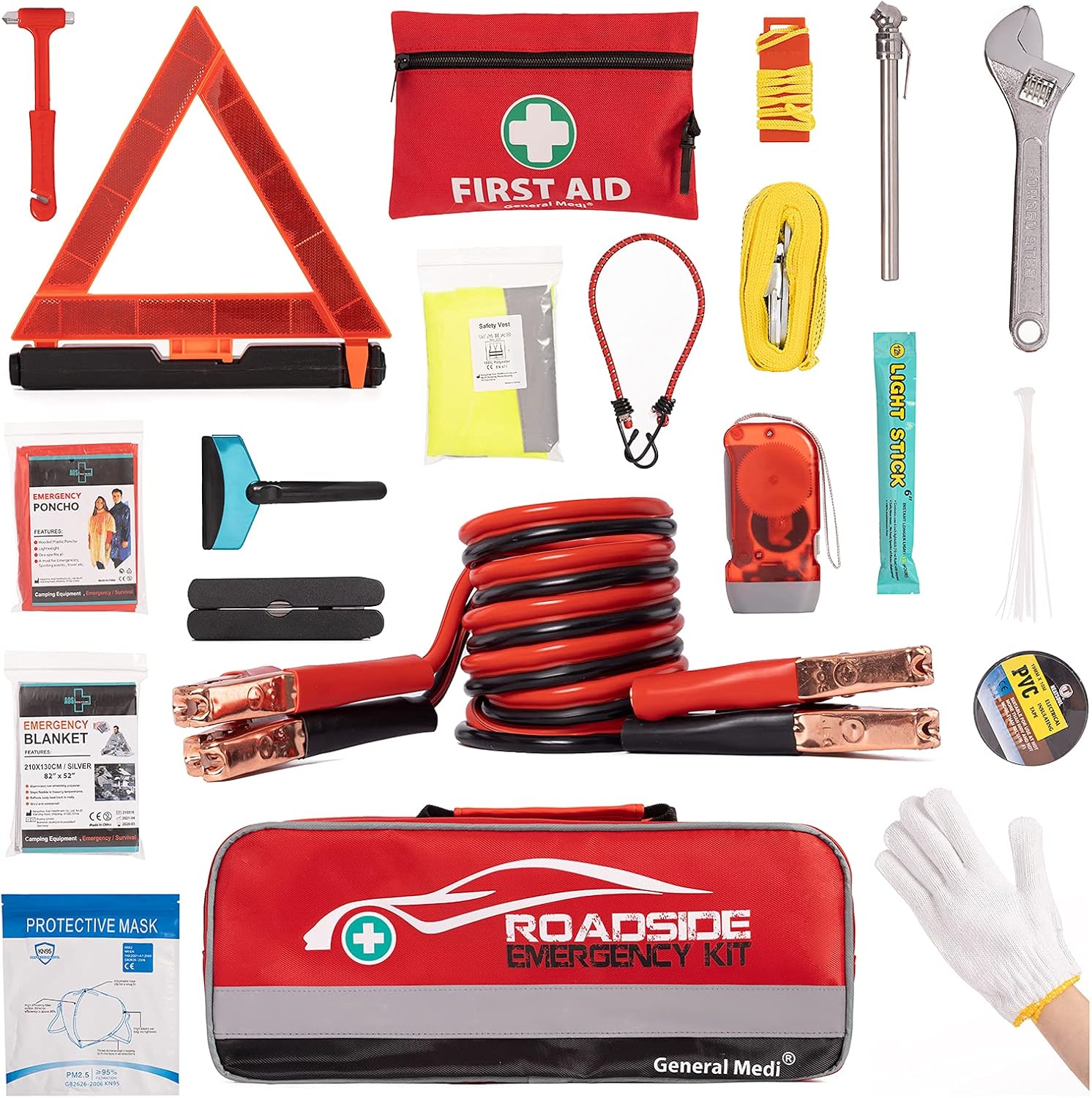 127-Pieces Roadside Car Emergency Kit Include Mini First Aid Kit, Jumper Cables,Tow Rope, Bandage, Safety Vest, Emergency Triangle, All in One Pack