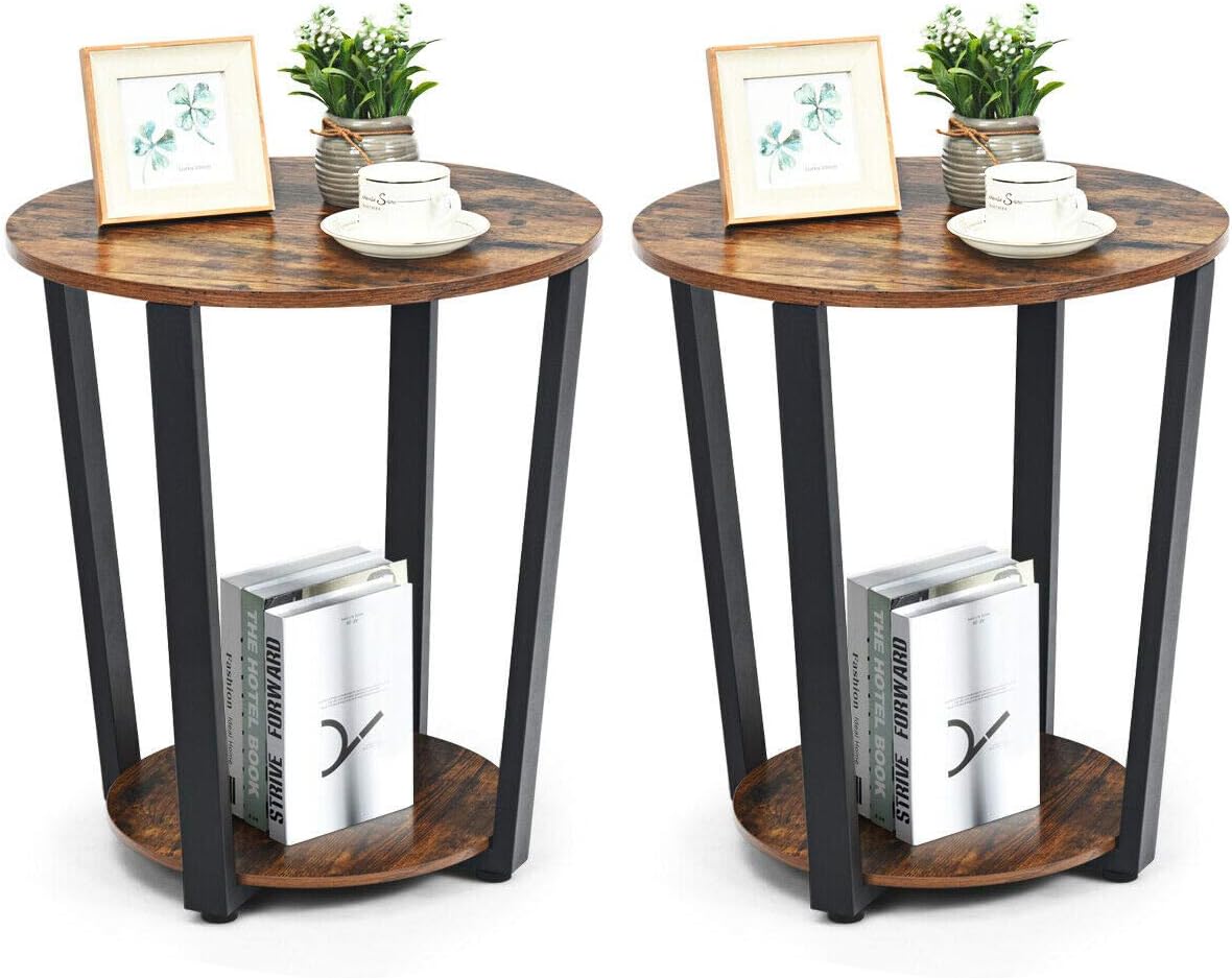 Tangkula Round End Table, 2-Tier Metal Sofa Table with Storage Shelf, Round Side Table with Metal Frame, Industrial Style Accent Furniture for Home Living Room Bedroom (1, Rustic Brown)