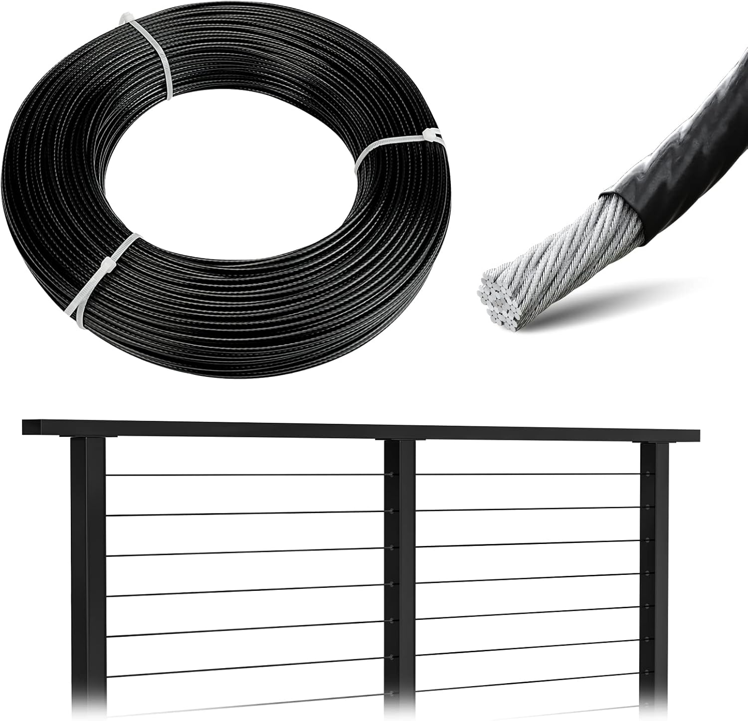 Muzata 165ft Black Vinyl Coated Wire Rope 1/8