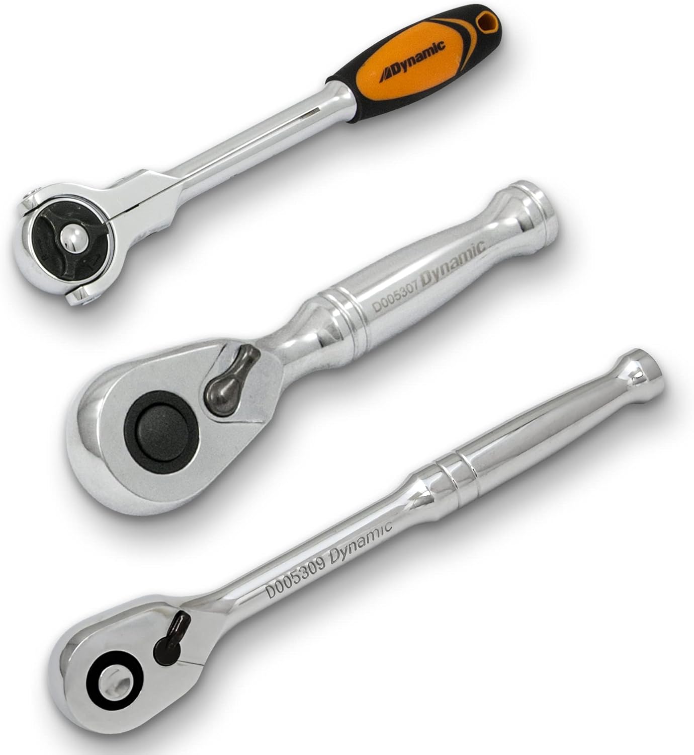 Dynamic 3/8 Inch Drive Quick-Release Reversible Ratchet Tool Set (3-Pieces), Ideal Ratchet Set for Tight Spaces, Includes Stubby Ratchet, Swivel Head Ratchet and 108-Tooth Ratchet