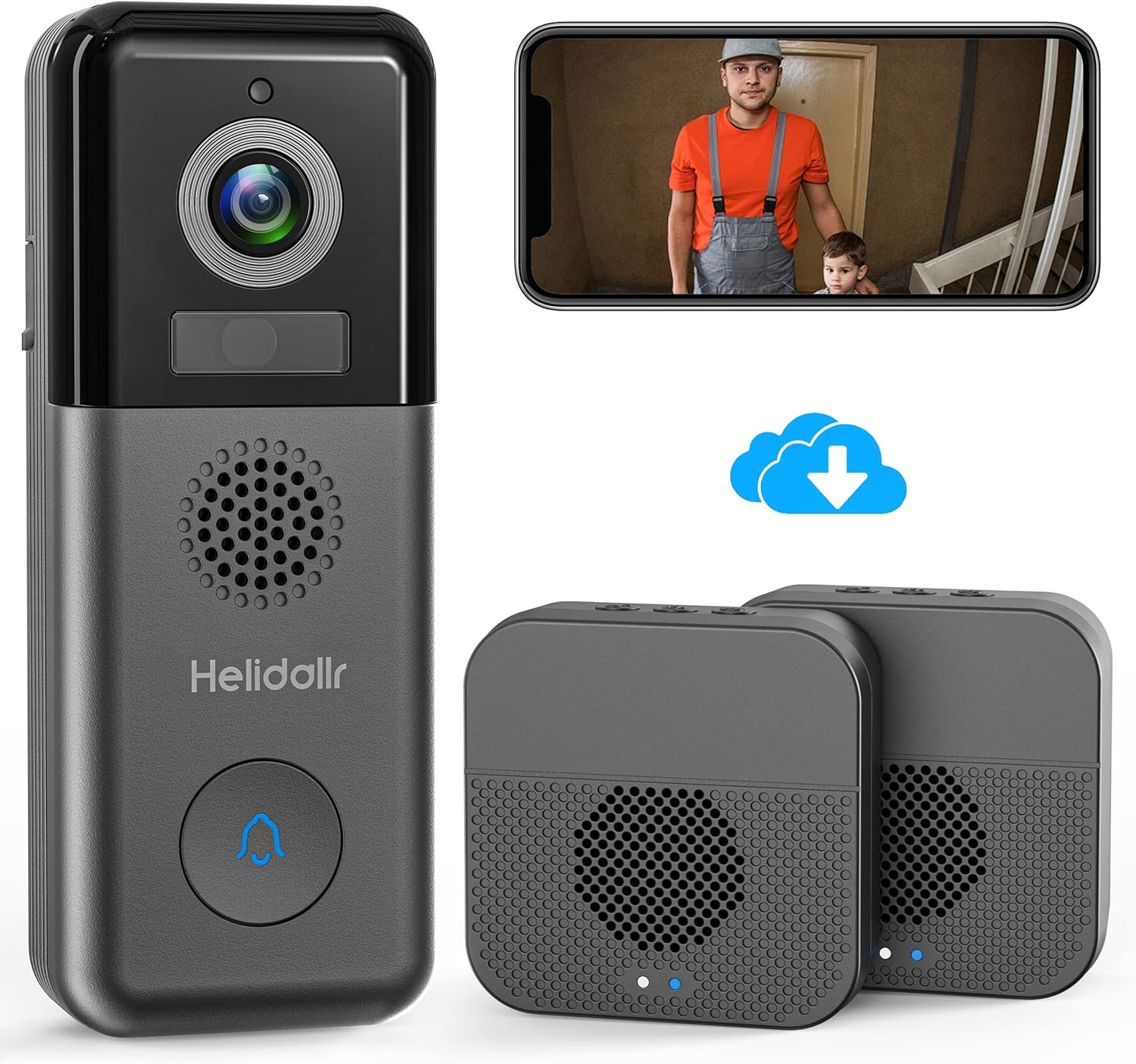WiFi Video Doorbell Camera, Helidallr True 2K Wireless Video Doorbell Camera, IP66 Front/ Back Video Door Bell, 2-Way Audio, Motion Detection, Night Vision, Really Clear View for Home Security