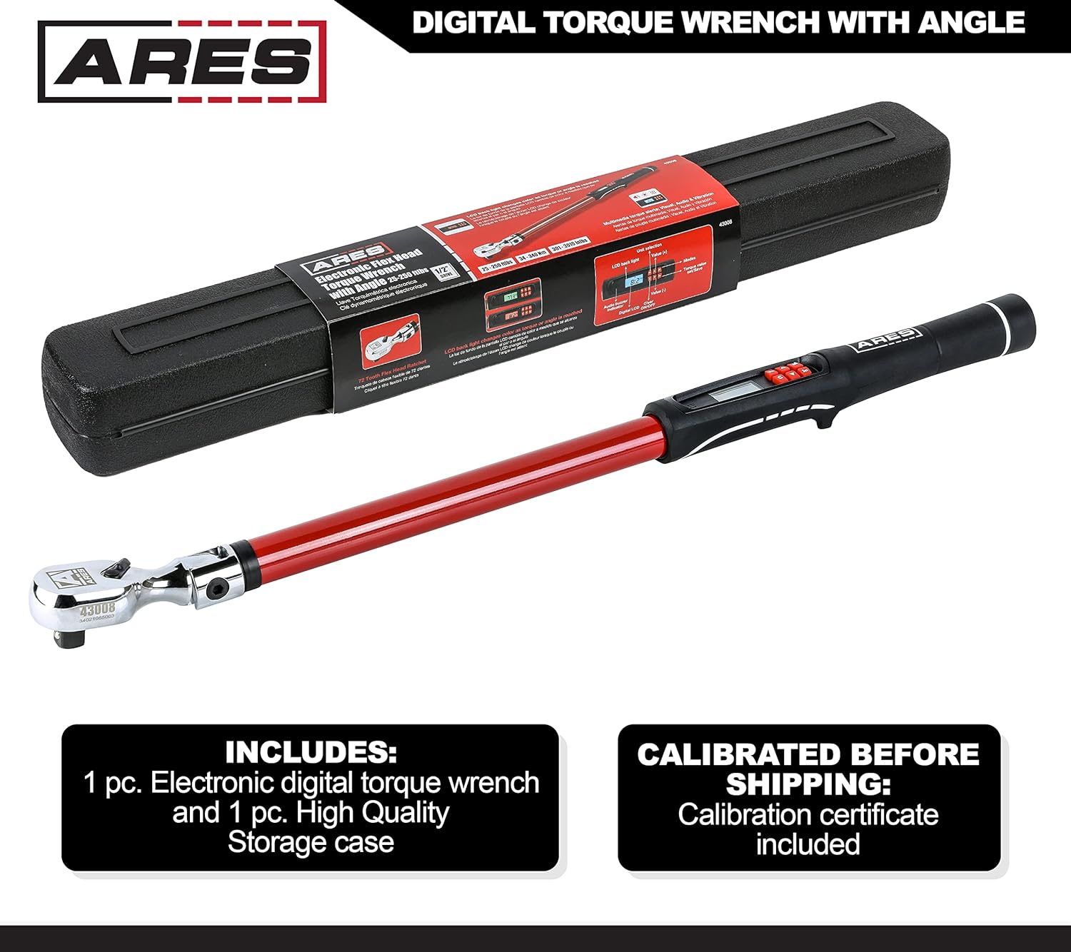 ARES 43008 - 1/2-Inch Drive Flex Head Electronic Digital Torque and Torque Angle Wrench - 25-250 ft/lbs (34-340Nm) - +/- 2% Accuracy - Reversible Thumb Switch - Multi-Alert Prevents Over-Torquing