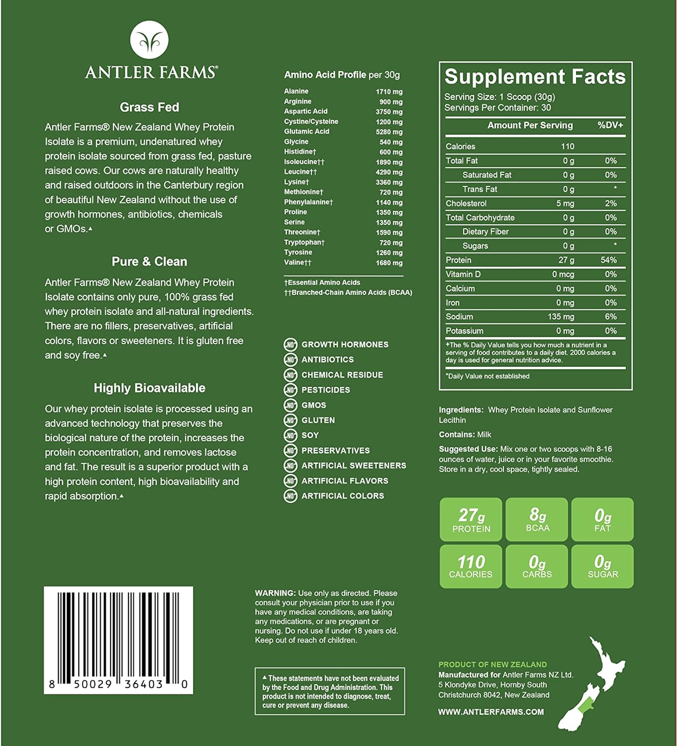 Antler Farms - 100% Grass Fed New Zealand Whey Protein Isolate, Unflavored, 30 Servings, 2 lbs - Delicious, Cold Processed, Rapidly Absorbed, Keto Friendly, NO-Hormones, NO-GMOs Pack of 2