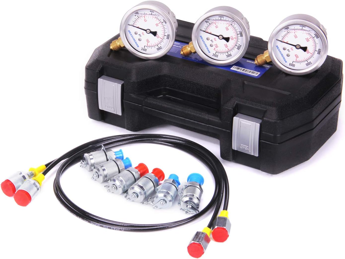 MEASUREMAN Portable Excavator Hydraulic Pressure Test Coupling Kit, Including 6 Test Couplings, 3 Pressure Gauges, 2 Test Hoses for Excavator Construction Machinery