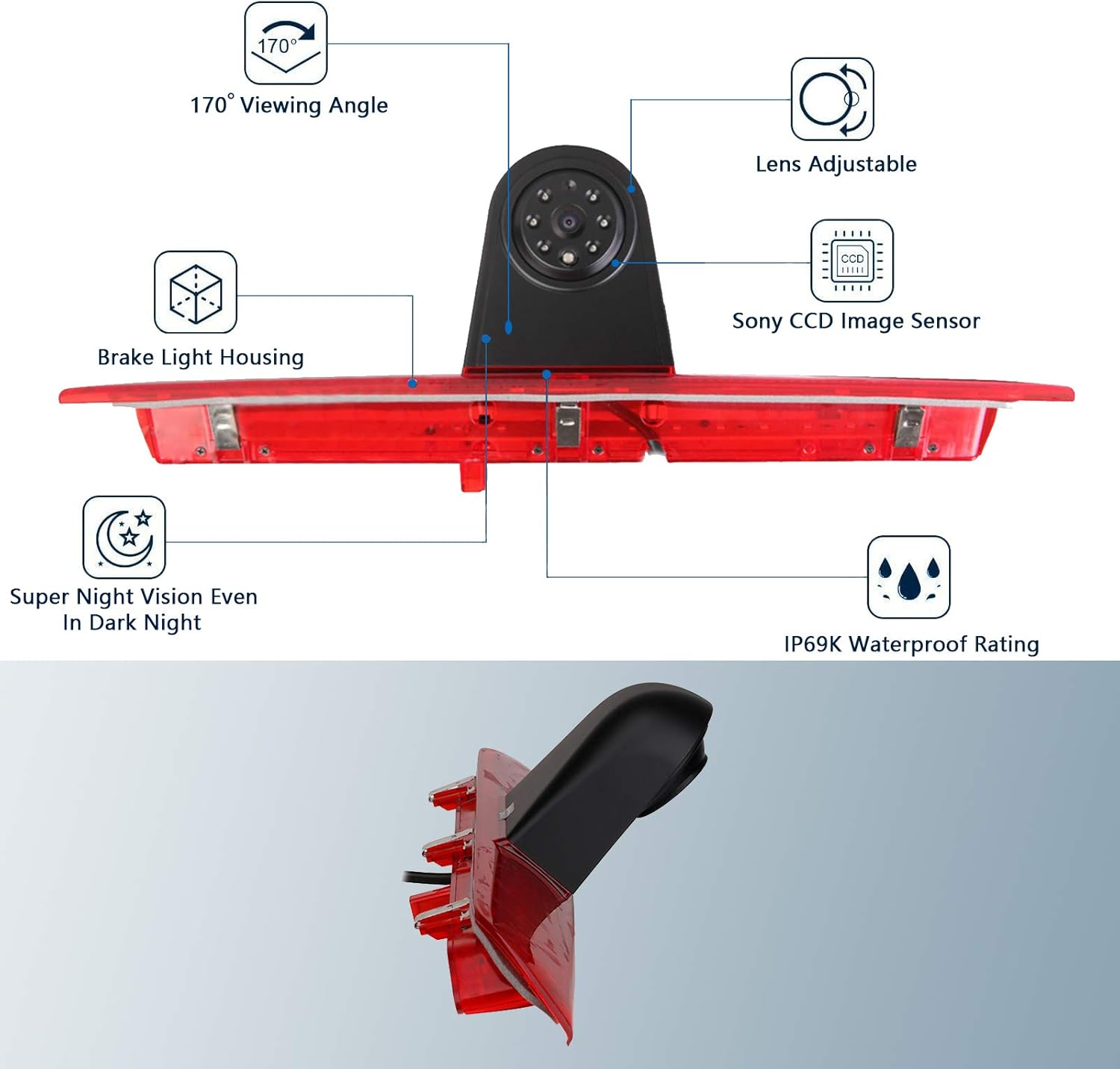 Misayaee Car Third Roof Top Mount Brake Lamp Camera Brake Light HD Rear View Backup Parking Camera for Transporter Transit F150/F250/F350 Transit Transporter Truck Vans 2014-2019