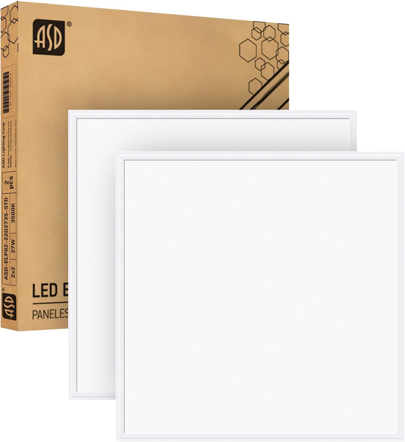 ASD 2x2 LED Flat Panel Light 3500K (Warm White) 27W=70W Equivalent - Dimmable 2965 Lm Edge Lit LED Panel - 120-277V Square Drop Ceiling Indoor Commercial Fixture - cULus Listed DLC Certified, 2 Pack