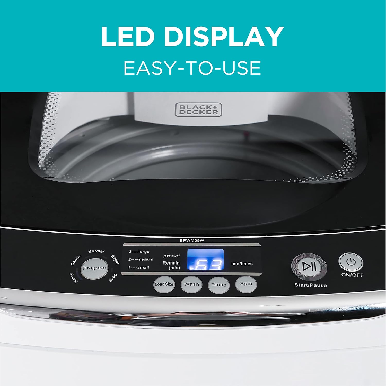 Portable Laundry Washing Machine by BLACK+DECKER, Compact Pulsator Washer for Clothes, .9 Cubic ft. Tub, White, BPWM09W