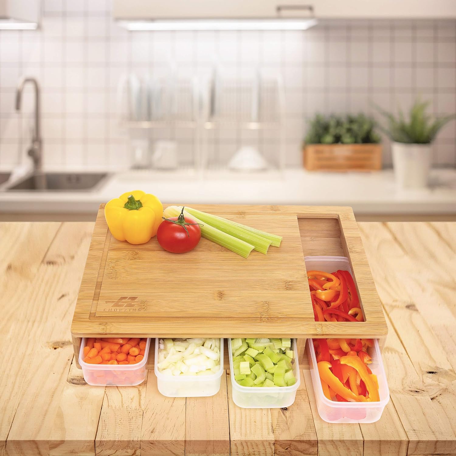 ChopZing PREMIUM Bamboo Cutting Board With Stackable Containers and Lids | MEAL PREP time saver | Large Cutting Board Set great for STORAGE | Quick and Easy Cleanup and Transportation Pack of 2