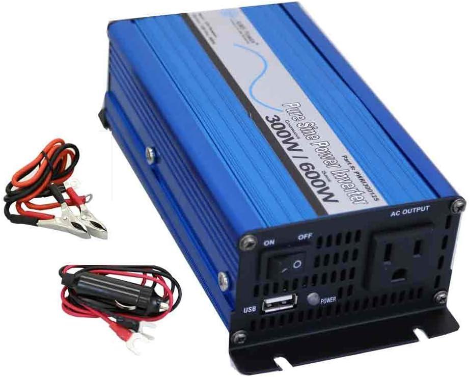 AIMS 300 Watt, 600 Watt Peak, Pure Sine DC to AC Power Inverter, USB Port, Cables Included - Non UL Listed