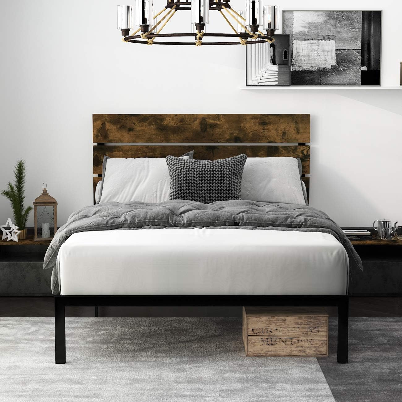 Einfach Rustic Platform Metal Bed Frame with Wooden Headboard and Footboard/Mattress Foundation with Strong Slat Support/No Box Spring Needed/Easy Assembly,Full