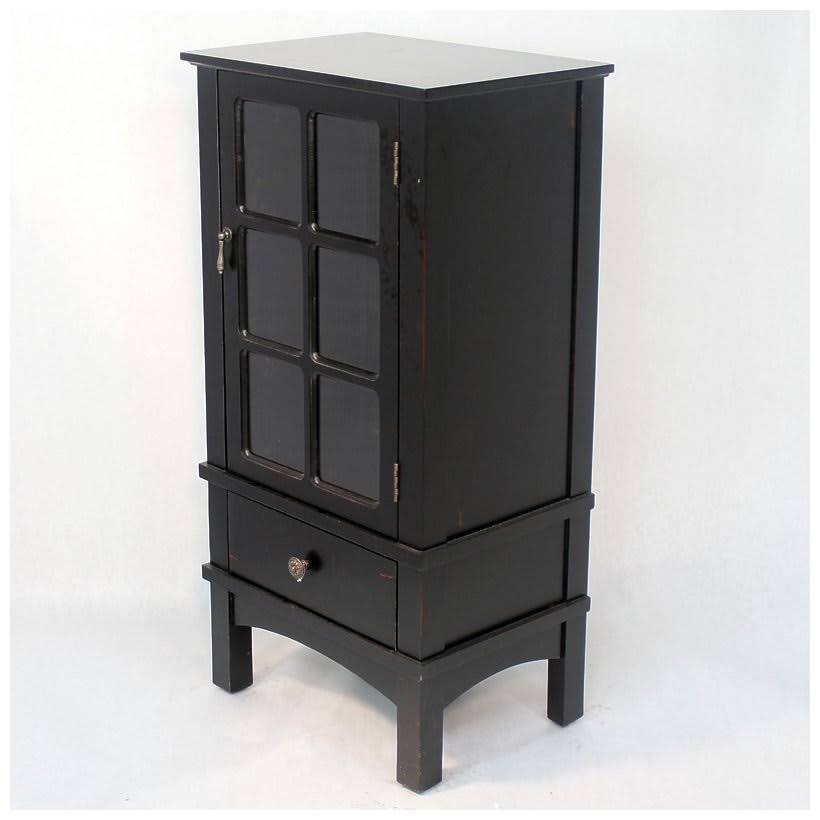 Black Wood Clear Glass Accent Cabinet with A DOOR, A Drawer and Paned Inserts