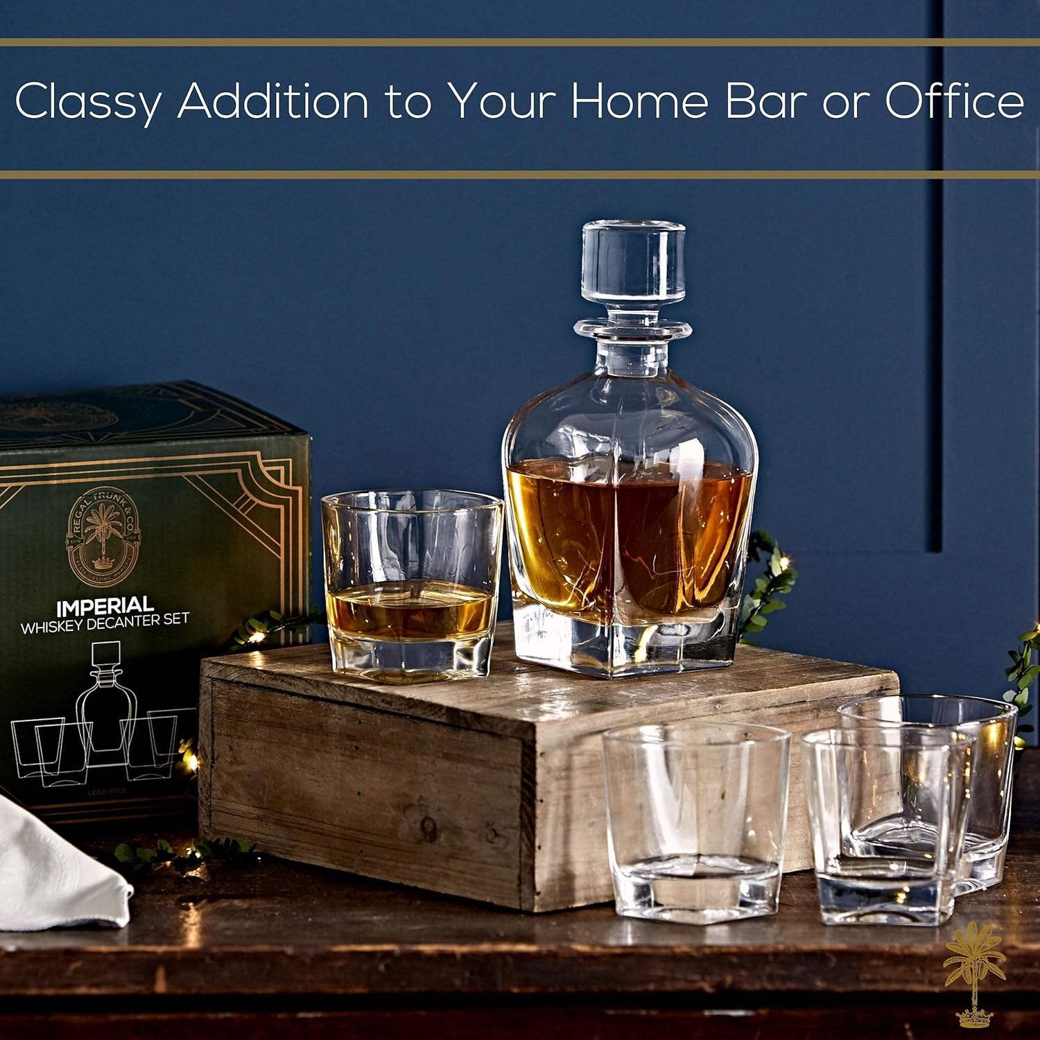 Regal Trunk & Co. Whiskey Decanter Sets | 4 Imperial Tumblers Whisky Decanter & Glass Set | Crystal Decanter Set Bourbon and Scotch | Comes In Gift Box and with Glass Polishing Cloth Pack of 2