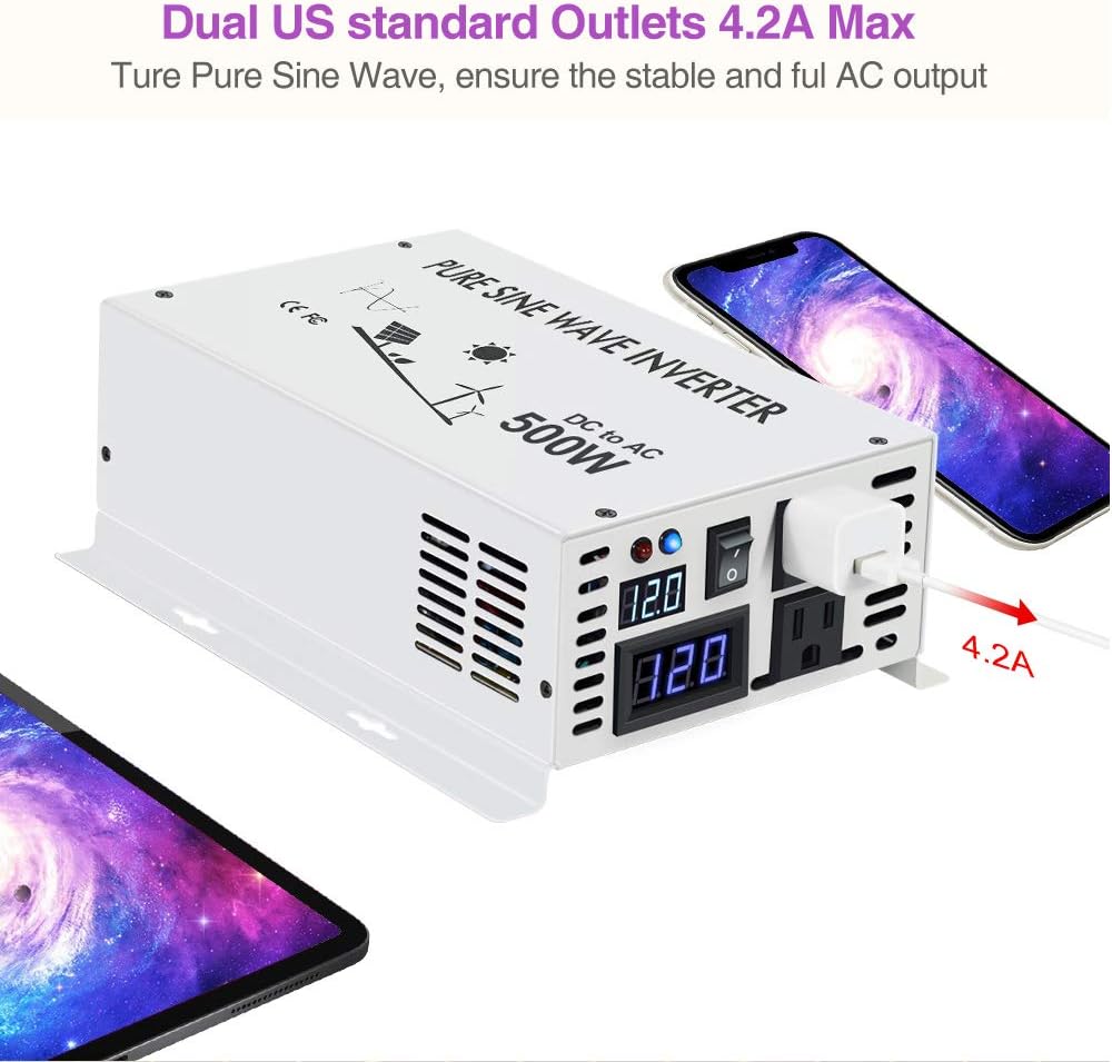 500W 12V Car Power Inverter Pure Sine Wave DC to AC Power Converter