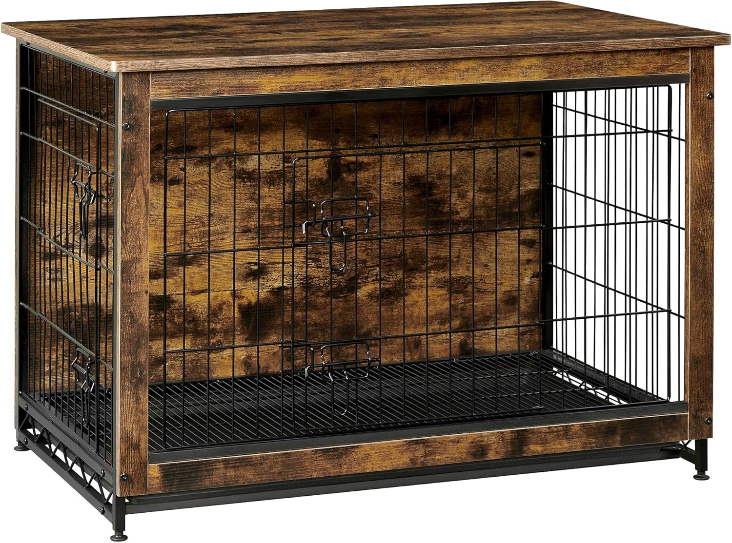 FEANDREA Wooden Dog Crate, Indoor Pet Crate End Table, Dog Furniture with Removable Tray, Rustic Brown and Black