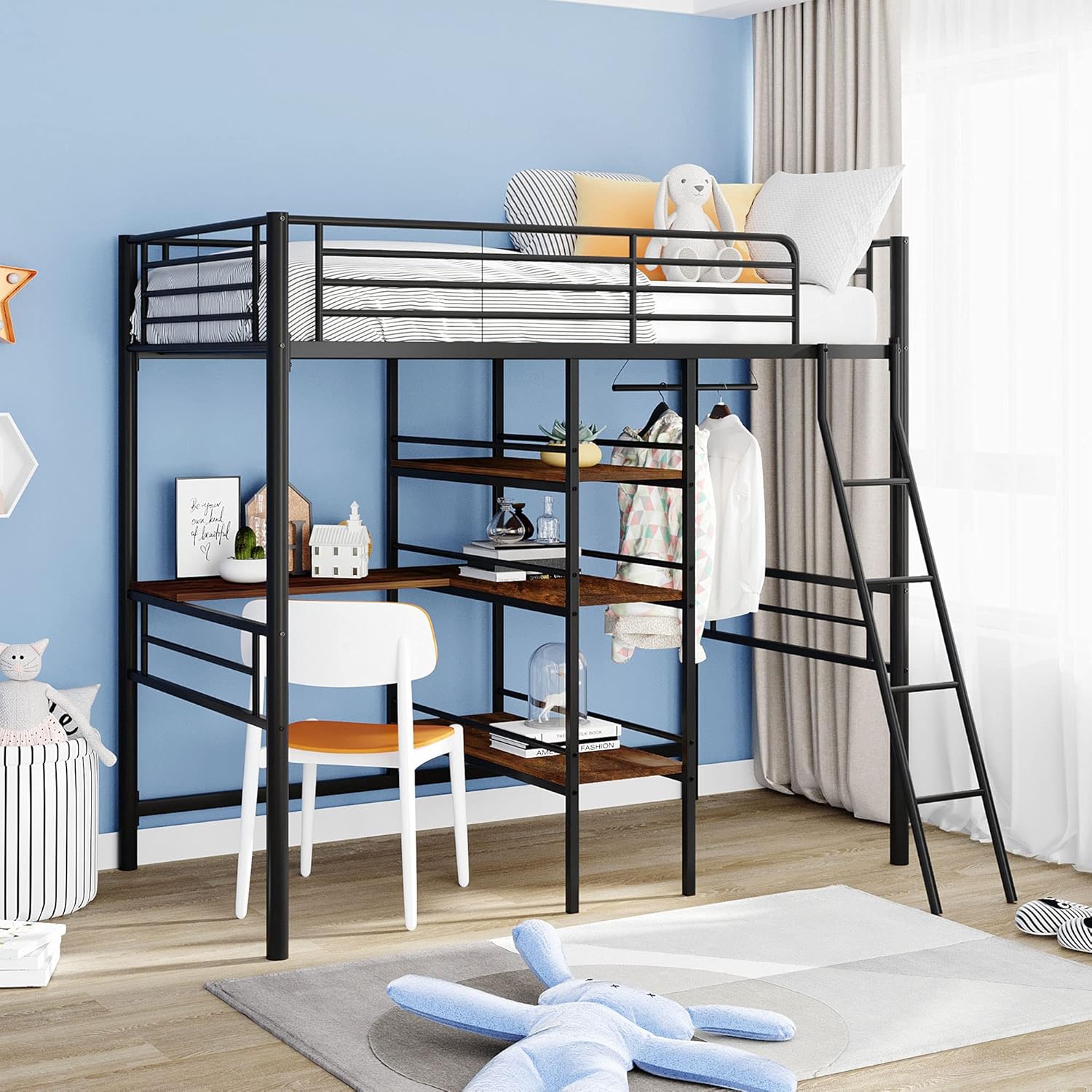Twin Size Loft Bed with Desk ,Metal Loft Bed with Desk and Shelves , Space Saving Twin Loft Bed with Desk and Hanging Rod Underneath for Kids ,Teens ,Black