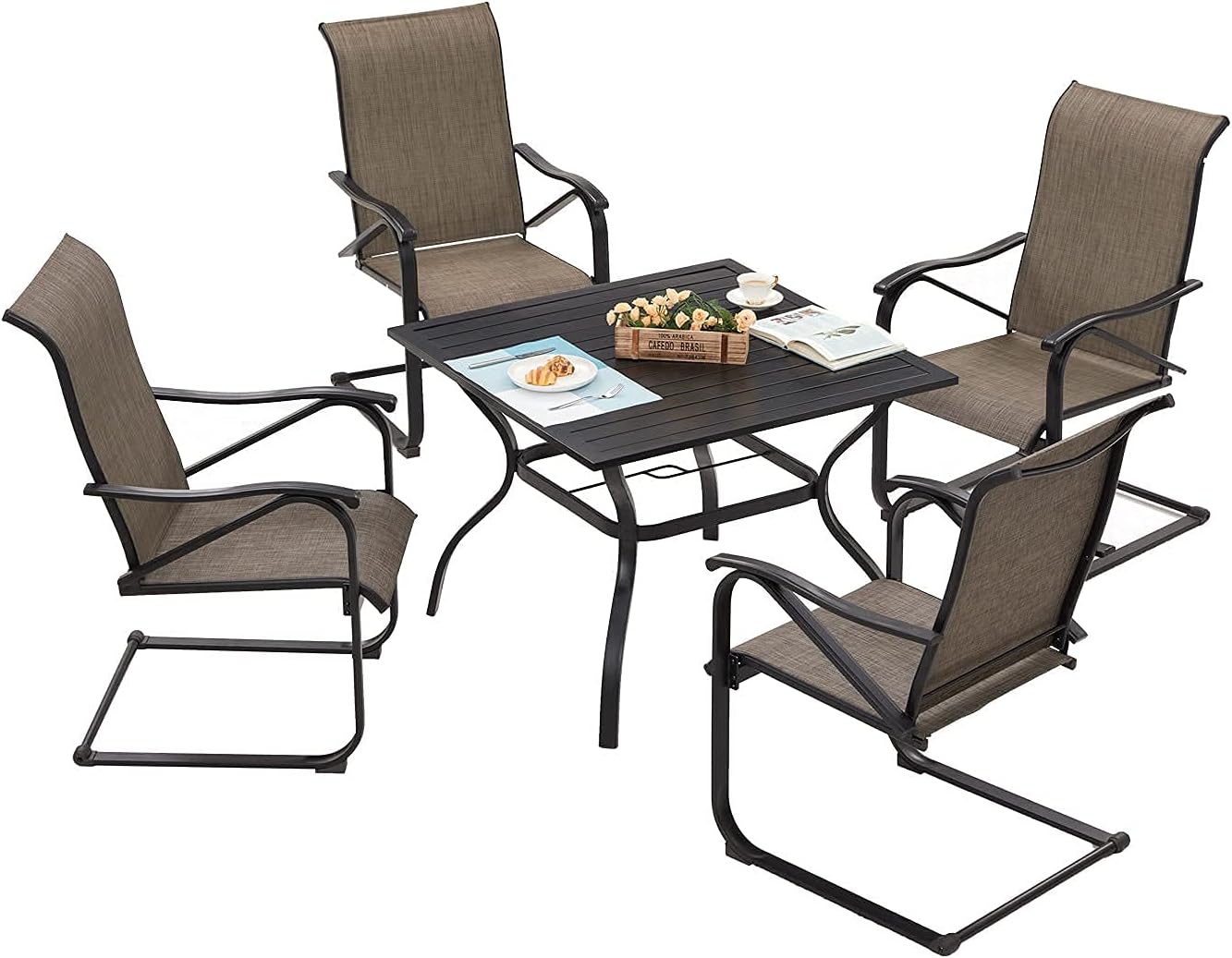 VICLLAX 5 Pcs Patio Dining Set, 1 Metal Dining Table and 4 Spring Motion Metal Patio Dining Chairs with High Back