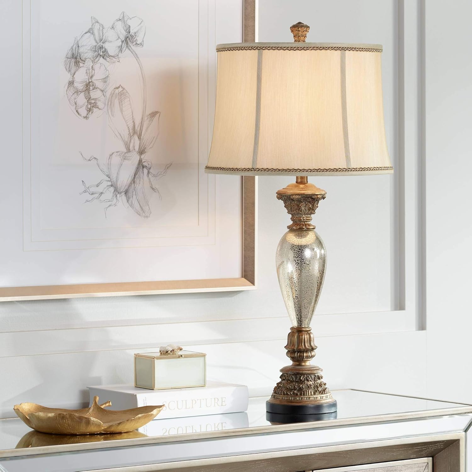 Alsace Traditional Tall Table Lamp Silver Mercury Glass Golden Bronze Base Beige Bell Shade Decor for Living Room Bedroom House Bedside Nightstand Home Office Entryway Family - Barnes and Ivy