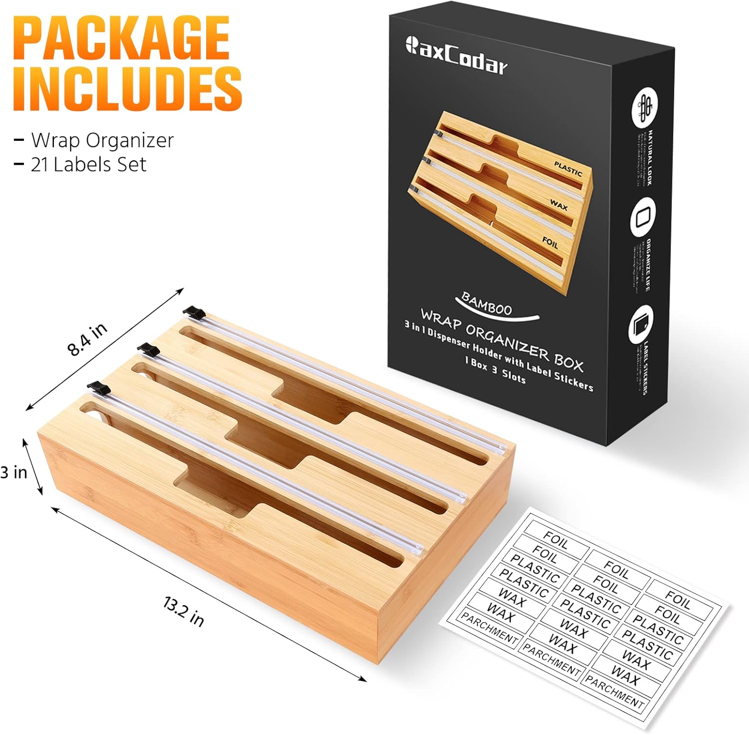 3 in 1 Foil and Plastic Packaging Organizer, Bamboo Packaging Dispenser with Knives for Kitchen Foil, Plastic Wrap Organizer, Compatible with 12