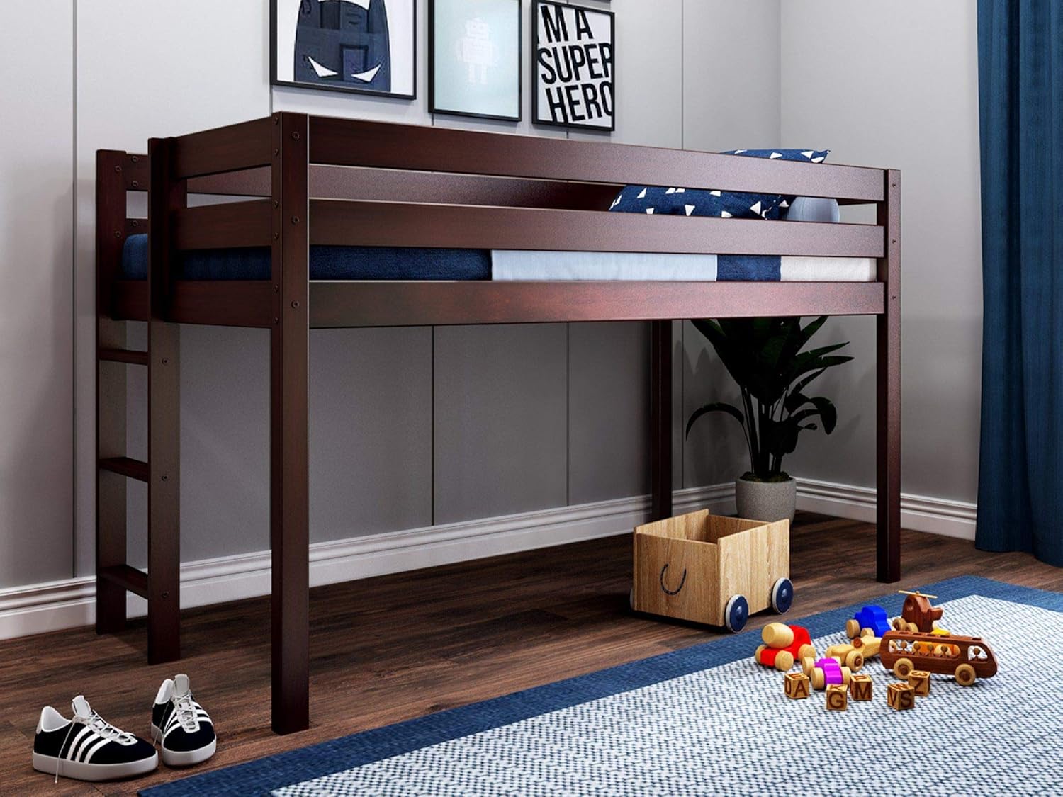 JACKPOT! Contemporary Low Loft Twin Bed with Stairway, Loft Bed, White