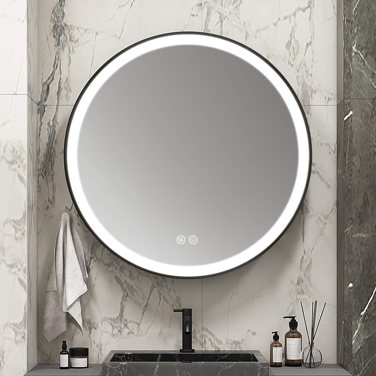 MIAOHUI Round LED Bathroom Mirror, Dimmable Backlit Mirror, Bathroom Smart Mirror Built in Touch Switch with Anti-Fog Function, Lighted Mirror, 6000k (Cold White) ,24 Inch