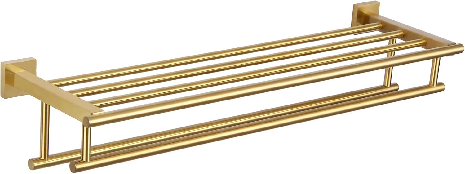 Hotel Towel Shelf with Towel Bars, Angle Simple SUS304 Stainless Steel Bathroom Towel Rack with Double Towel Holders, Wall Mount Train Rack Brushed Gold, 28-Inch