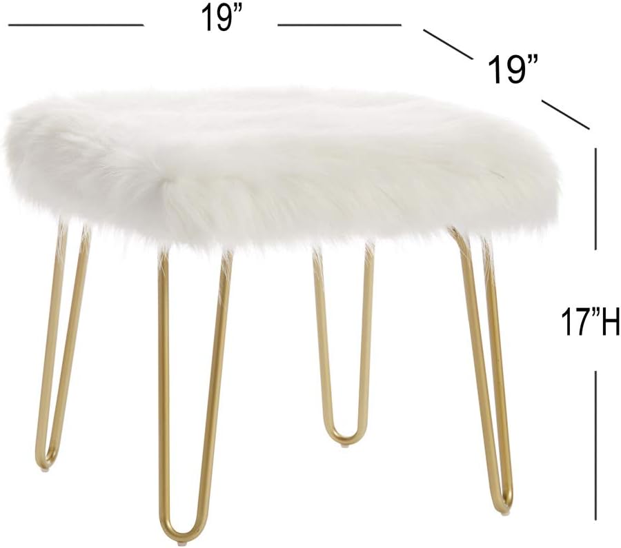 Modern Square Ottoman Foot Rest Stool - Luxurious Faux Fur Covered Seat w/ Sturdy Gold Hairpin Legs - Easy Assembly Accent Furniture Perfect for Use in Any Room - White Color Pack of 2