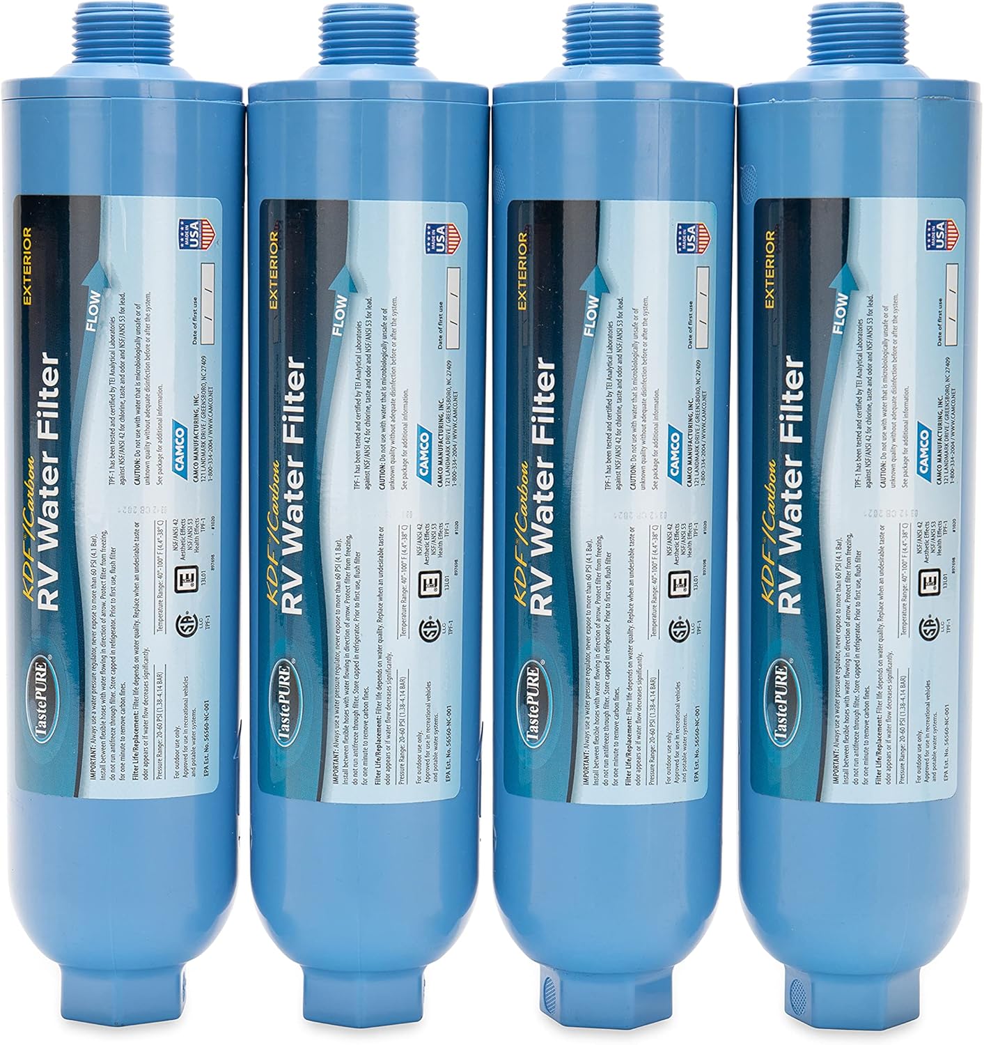 Camco 40042 TastePURE Inline RV Water Filter – Greatly Reduces Bad Taste, Odors, Chlorine and Sediment in Drinking Water – 4-Pack , blue Pack of 2