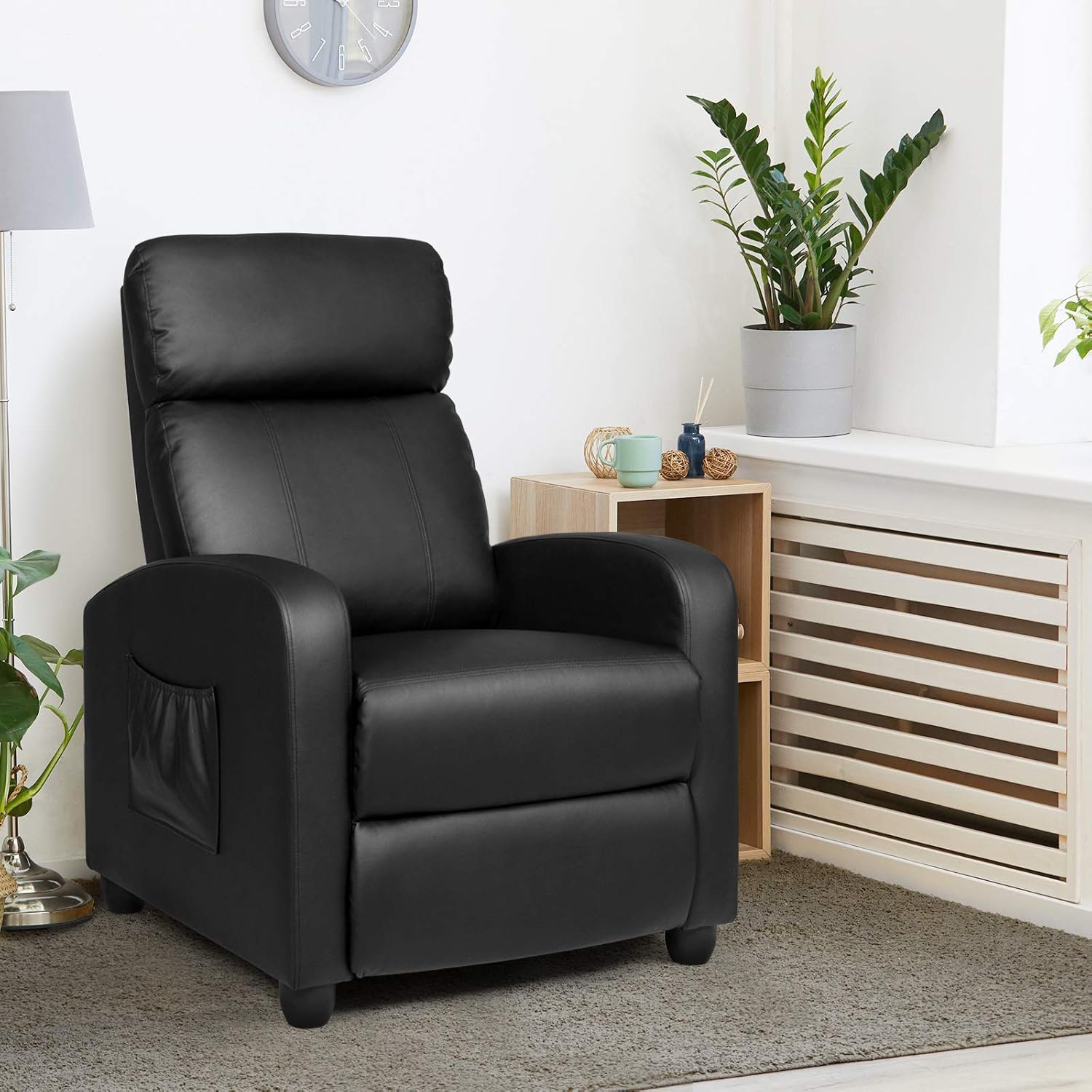 POWERSTONE Recliner Chair PU Leather Recliner with Massage Function Reclining Chair Single Sofa Chair Home Theater with Thicker Seat Cushion Wing Back Reading Chair for Living Room Office (Black)