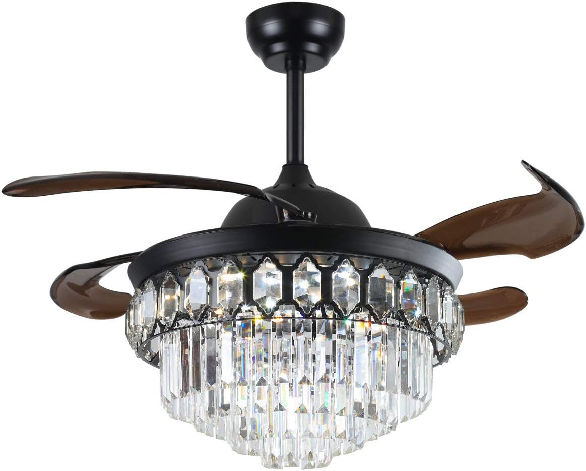 42 inch Retractable Crystal Ceiling Fan with Lights and Remote Dimmable Fandeliers Ceiling Fan Forward and Reverse 6 Speed Crystal Chandelier Fan with Retractable Blades for Bedroom Living Room&hellip;