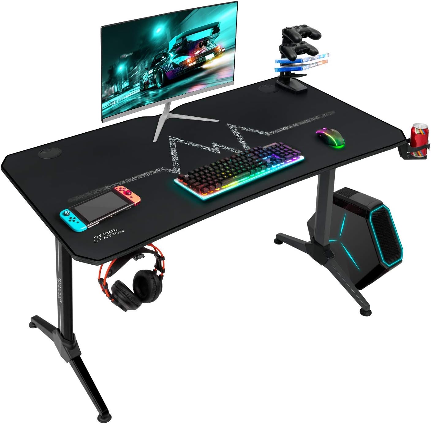 Furmax 55 Inch Gaming Desk T-Shaped PC Computer Table with Carbon Fibre Surface Free Mouse Pad Home Office Desk Gamer Table Pro with Game Handle Rack Headphone Hook and Cup Holder (Black)