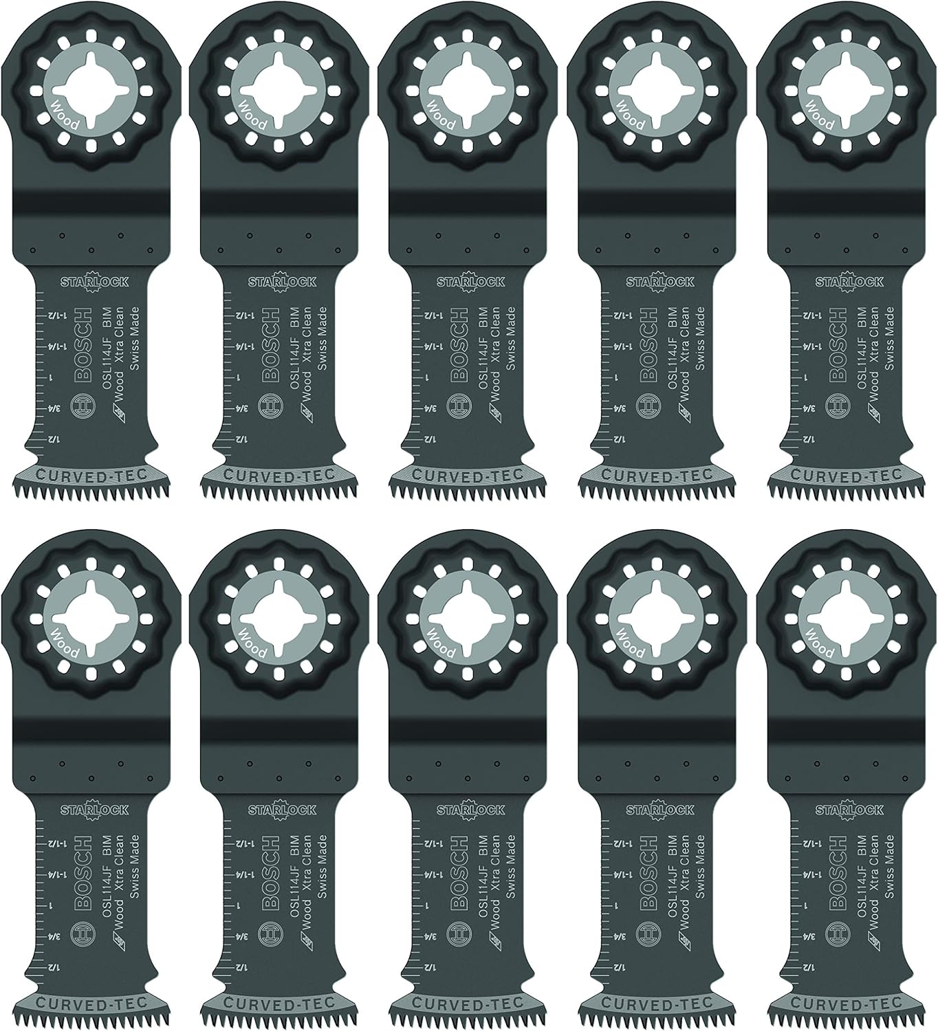 BOSCH Starlock Oscillating Tool Blades, Bi-Metal Multitool Blades for Hard Wood, Laminate and Drywall; Extra Clean Plunge Cut Saw Blades, 10-Pack, 1-1/4 Width (OSL114JF-10)