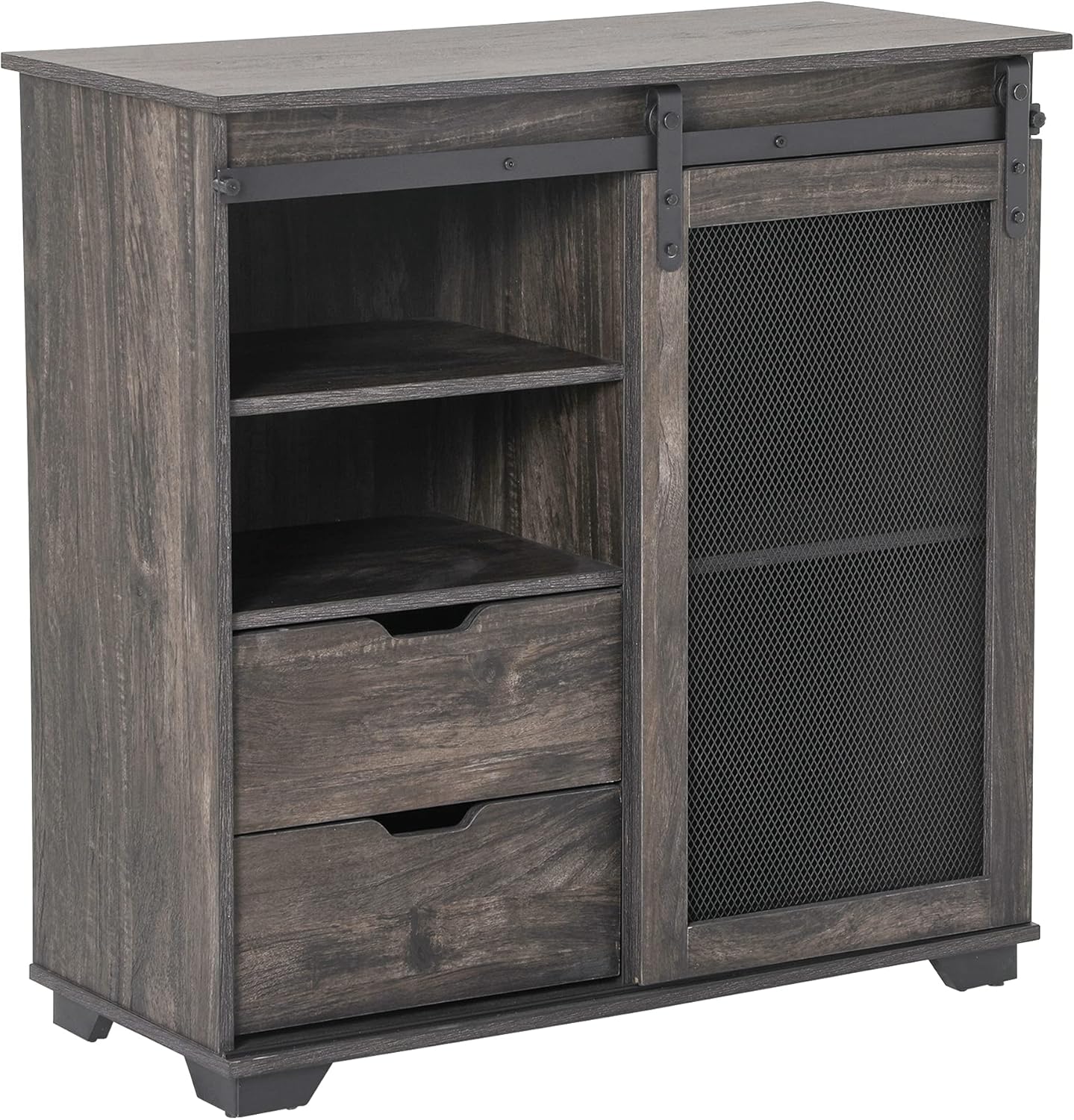 HOMCOM Industrial Freestanding Sideboard Buffet with 2 Drawers, 2 Shelves & Metal Mesh Door, Dark Brown/Black