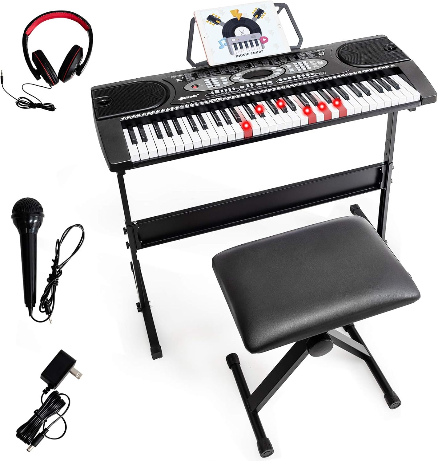 Costzon 61-key Electronic Keyboard w/Lighted Key, LED Screen, 3 Teaching Mode, Recorder, Built-In Speakers, Portable Full-size Digital Piano Keyboard w/Adjustable Stand, Bench (Black)