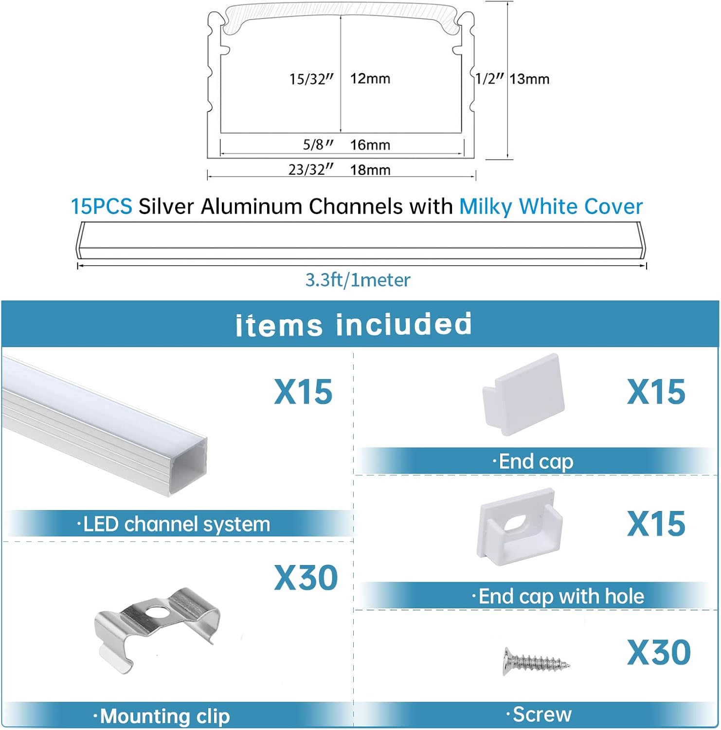 Muzata 15Pack 3.3FT/1M Silver LED Channel System Spotless U Shape with Frosted Milky White Diffuser Cover 18x13 mm Wide Aluminum Profile Track for Waterproof Light Strip Light U103 1M WW, LN1 LU2 LP1