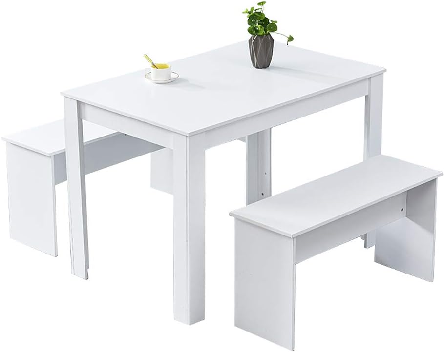 HomeSailing Wooden Dining Table and 2 Benches Set 3 Pieces Kitchen Dining Room Furniture Seats for 4 People Small Space Dinette Set (White)