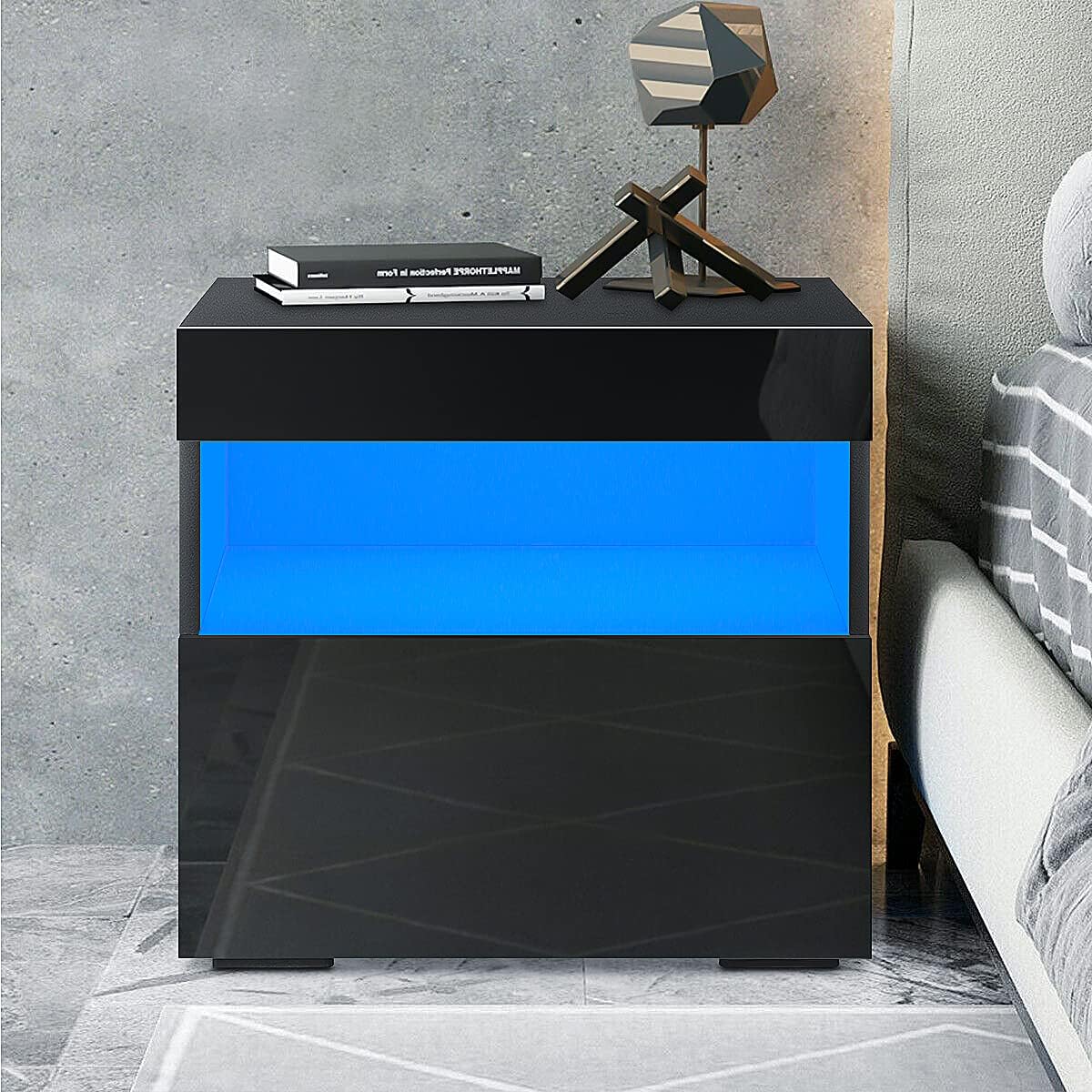 Moerae Nightstands, Modern High Gloss LED Nightstand with 2 Drawer and Storage Shelf Cabinet Locker Double Organizer Home Furniture Stand End Table for Home Office, Black