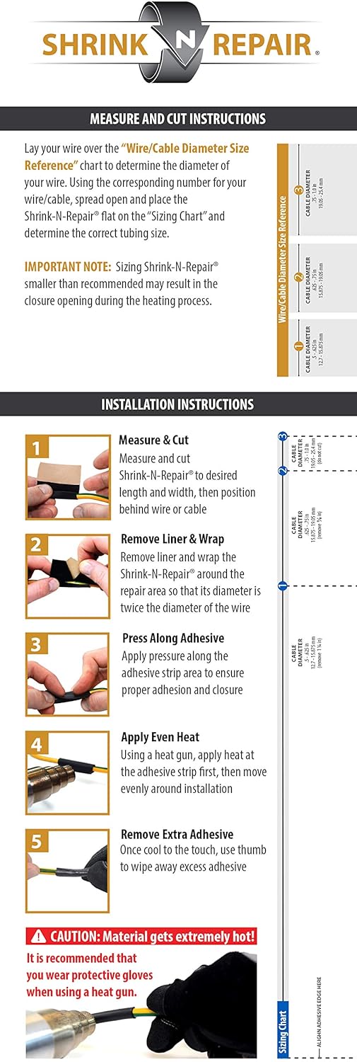 Shrink-N-Repair (L) - Wrap Around Heat Shrink (Black) for Large Wire Diameters 0.5