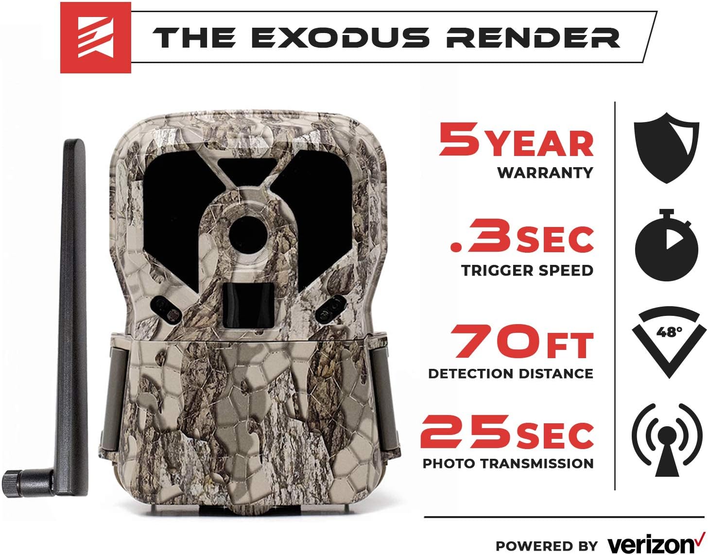Exodus Render 4G LTE Verizon Cellular Trail Camera | User Friendly | Easy Setup | Fastest Transmission Speeds | Control Camera Remotely | Black Flash | Free Premium App Features | 5 Year Warranty