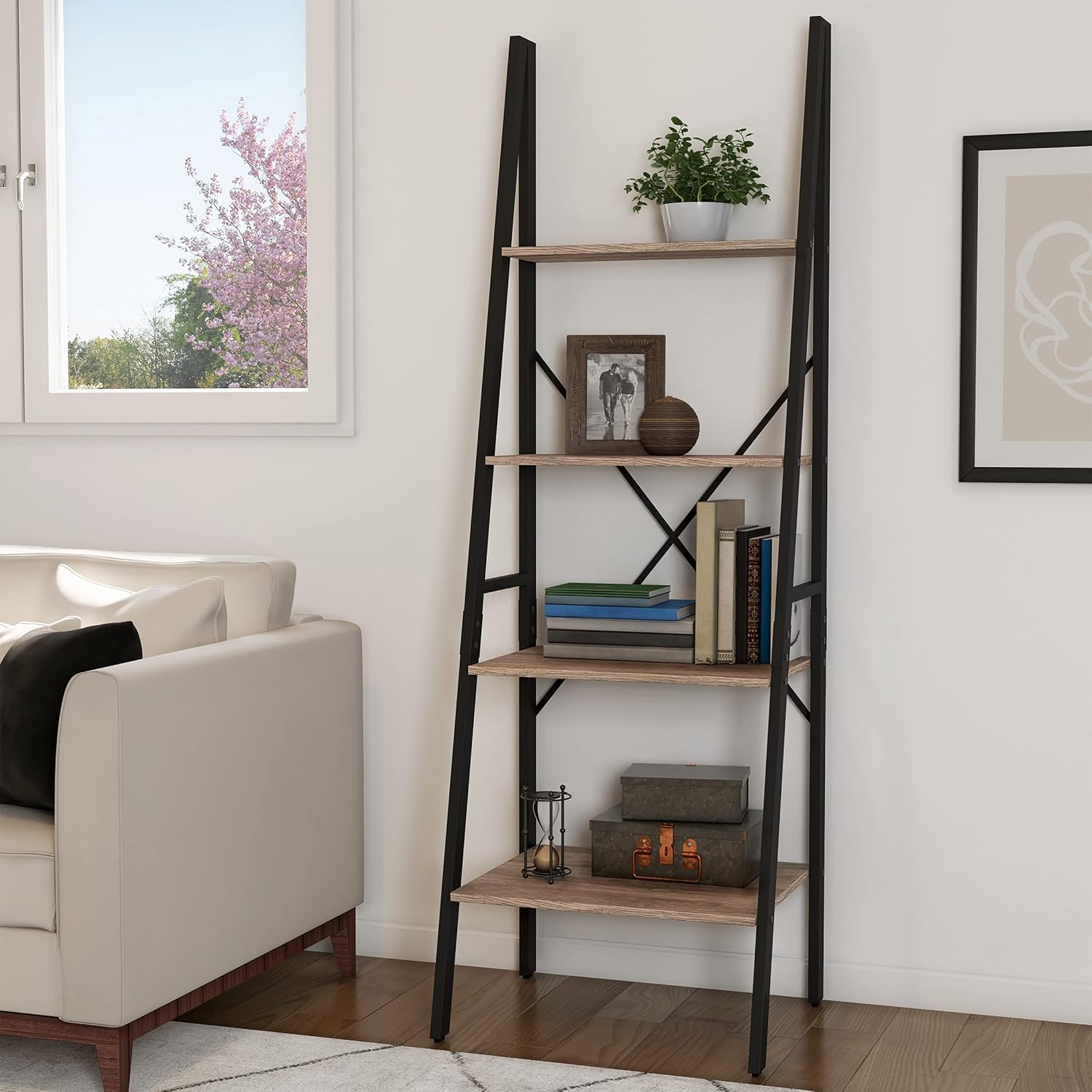Ladder Bookshelf - 4 Tier Leaning Decorative Shelves for Display - Black and Gray Shelf Stand- Living Room, Bathroom & Kitchen Shelving by Lavish Home