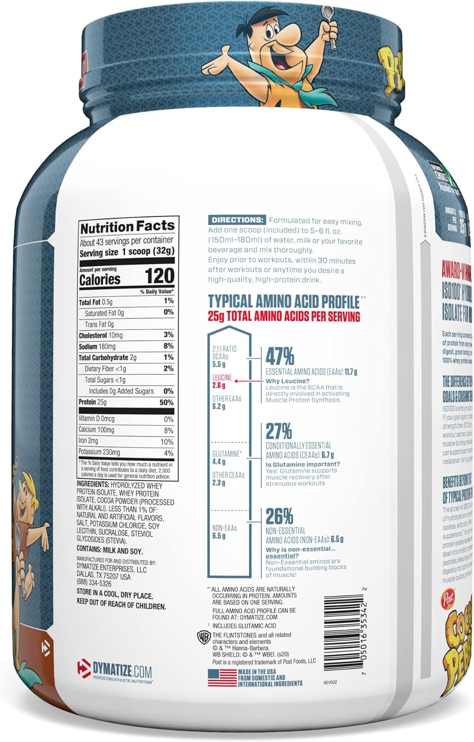 Dymatize ISO100 Hydrolyzed Protein Powder, 100% Whey Isolate Protein, 25g of Protein, 5.5g BCAAs, Gluten Free, Fast Absorbing, Easy Digesting, Cocoa Pebbles, 3 Pound (Packaging May Vary) Pack of 2