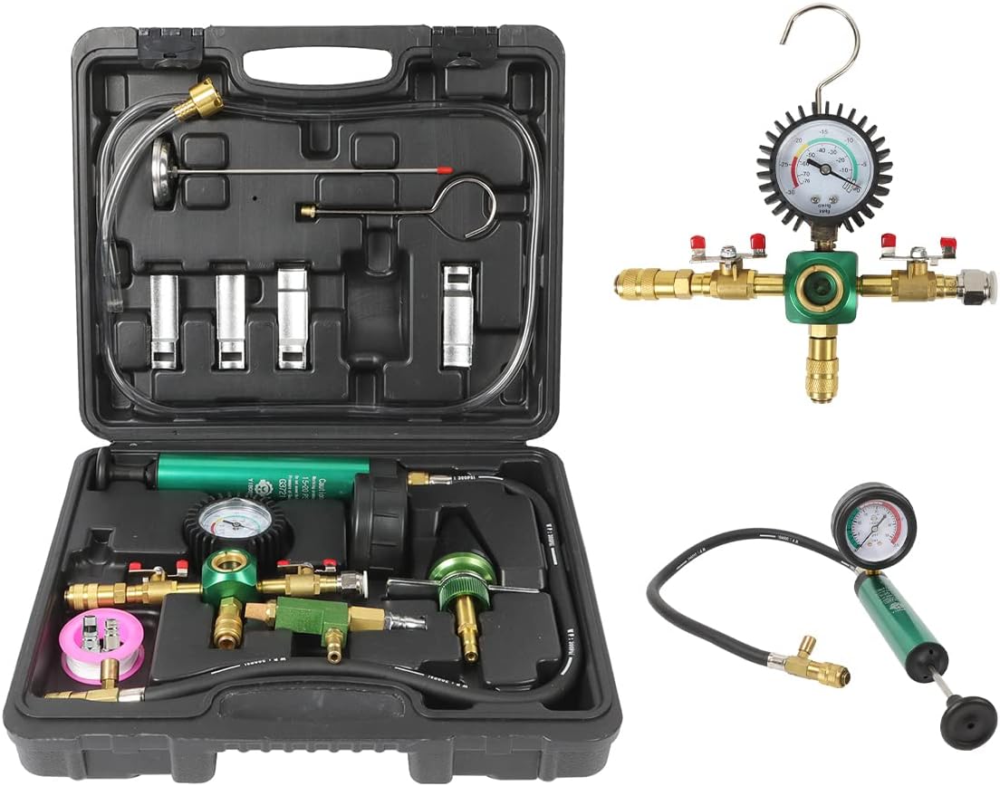 Cooling System Pressure Tester Kit with Universal Rubber Adapter, Updated Radiator Pressure Tester Coolant Vacuum Refill Kit, Automotive Coolant Pressure Tester Leak Detection Kit with Carrying Case