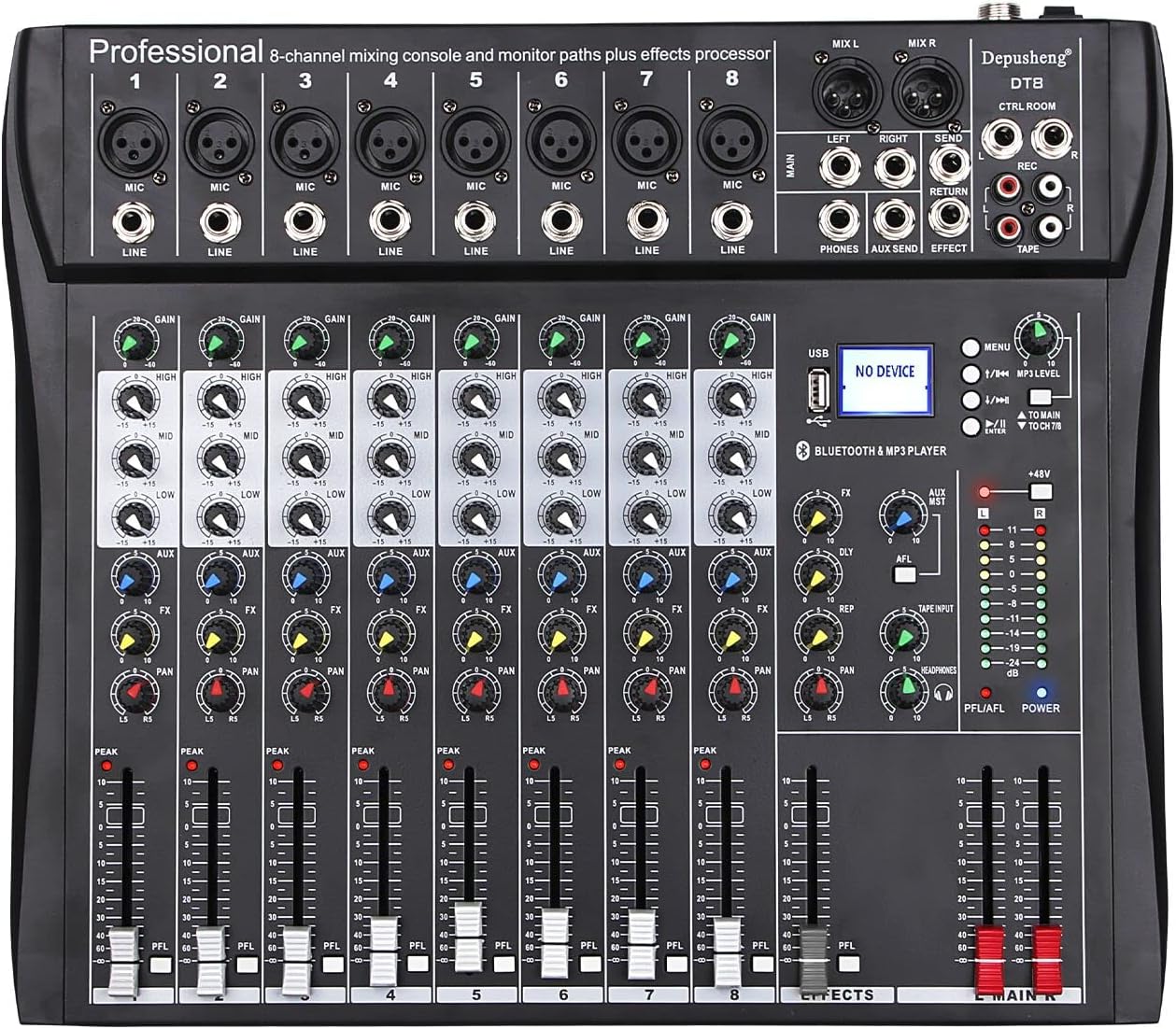 Depusheng DT8 Professional Mixer Sound Board Console 8 Channel Desk System Interface Digital USB Computer MP3 Input 48V Phantom Power Stereo DJ Studio FX Steel Chassis,Black