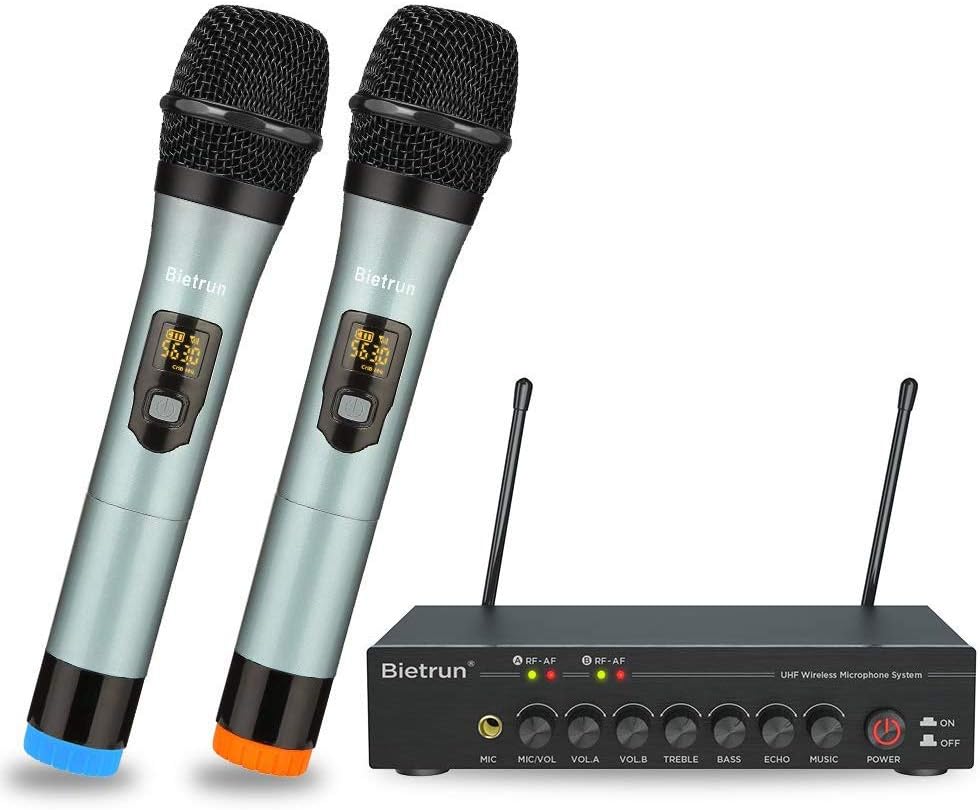 Bietrun Wireless Microphone with Adjustable Echo/Treble/Bass with Bluetooth, 160 ft Range, Metal Dual Dynamic Handheld Mic System, 1/8''＆1/4''Output, for Home Karaoke, Party, Church, DJ, Wedding, KTV Pack of 2