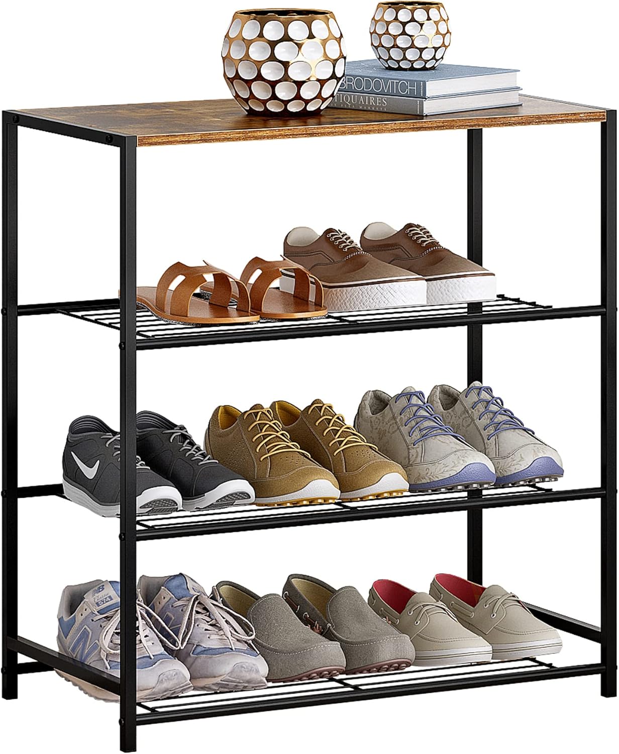 Petiture 4 Tier Shoes Rack Shelves with Wood Board, Entryway Table for Hallway, Living Room, Closet, BedroomRustic Brown (Rustic Brown)