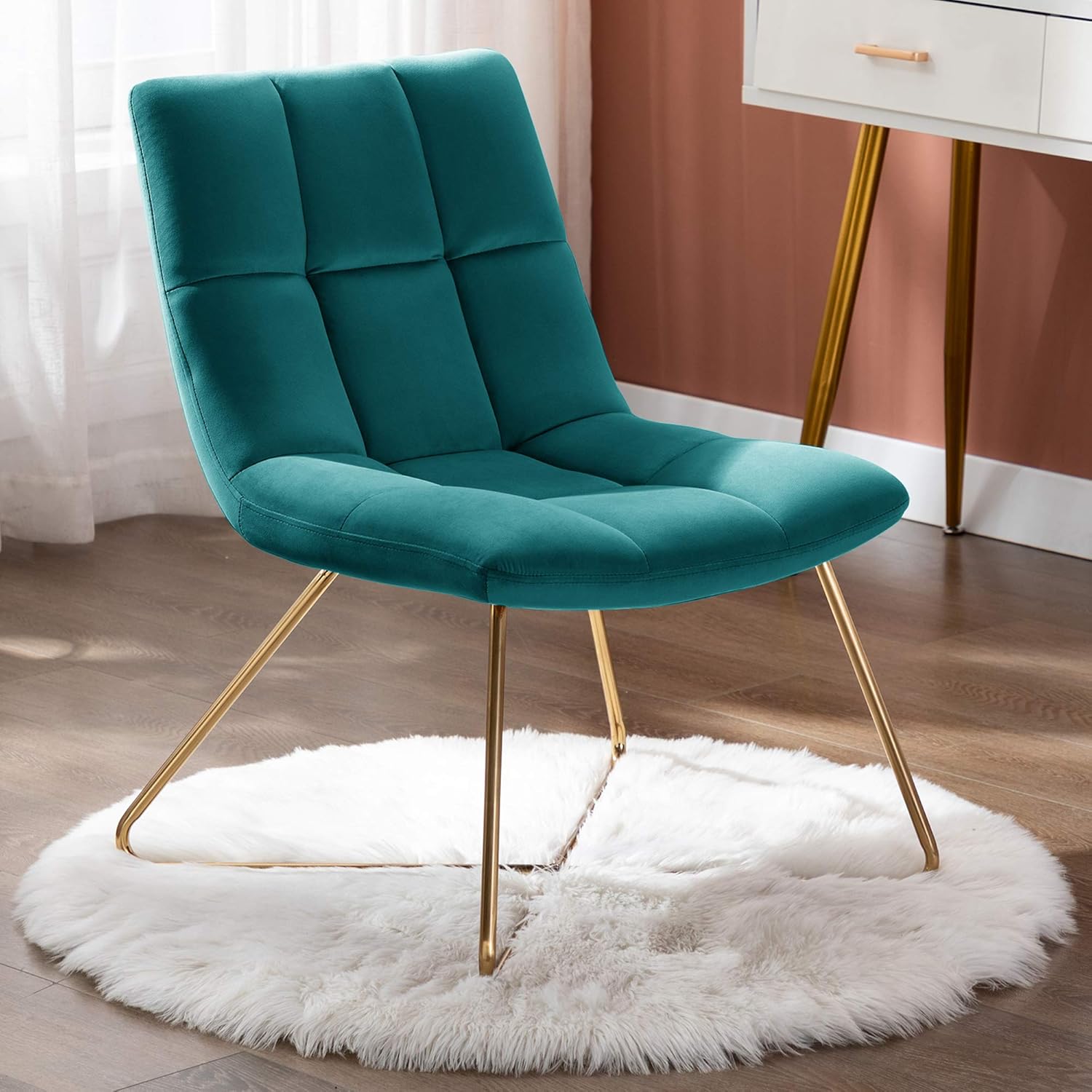 Duhome Velvet Accent Chair Retro Leisure Lounge Chair Mid Century Modern Chair Vanity Chair for Living Room Bedroom with Gold Metal Legs Salmon Pink 1 PCS