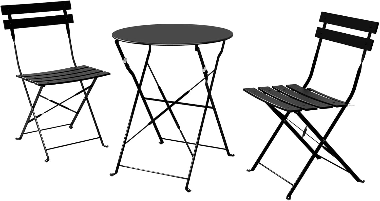 Grand patio 3pc Metal Folding Bistro Set, 2 Chairs and 1 Table, Weather-Resistant Outdoor/Indoor Conversation Set for Patio, Yard, Garden-Black