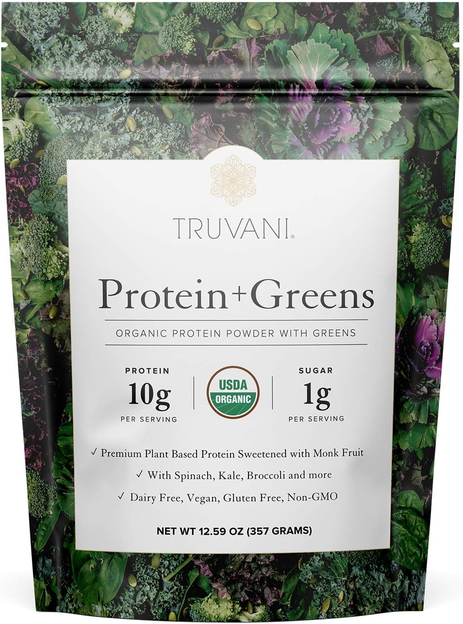 Truvani Protein + Greens | Organic, Non-GMO, Vegan, Gluten Free, Dairy Free | Daily Greens Combined with Protein | Great Taste with a Splash of Sweetness Pack of 2