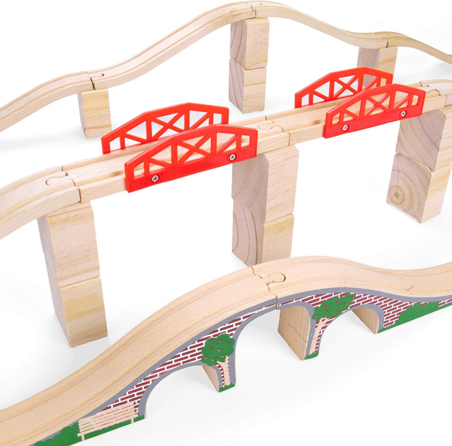 Bridge Bonanza! Deluxe Train Track Set (22 pcs.) - Includes 2 Rail Bridges, 2 Brick Bridges, 6 Ascending Tracks, 12 Risers Wooden Track Pieces - Compatible with Major Brands - Classic Hobby Toy